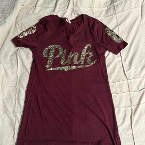 PINK Victoria's Secret Burgundy Short Sleeve Sequin Logo Tee
